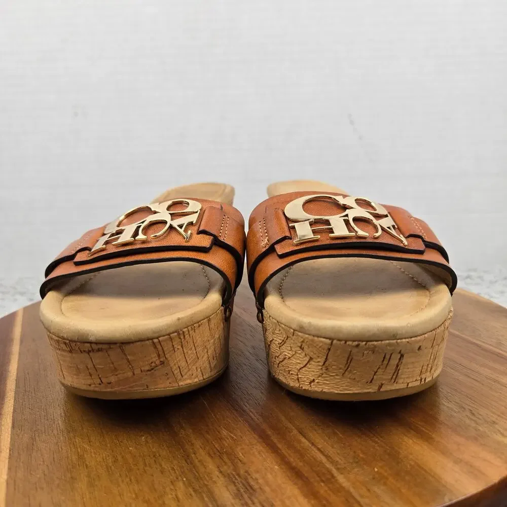 Coach Womens 8.5B Jen Brown Open Toe Cork Wedge Platform Y2K Casual Sandal A8378